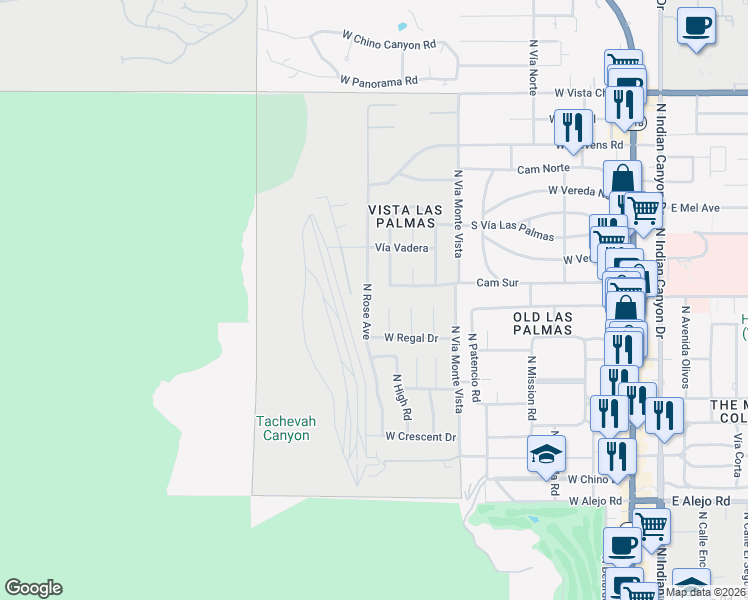 map of restaurants, bars, coffee shops, grocery stores, and more near 973 North Fairview Circle in Palm Springs