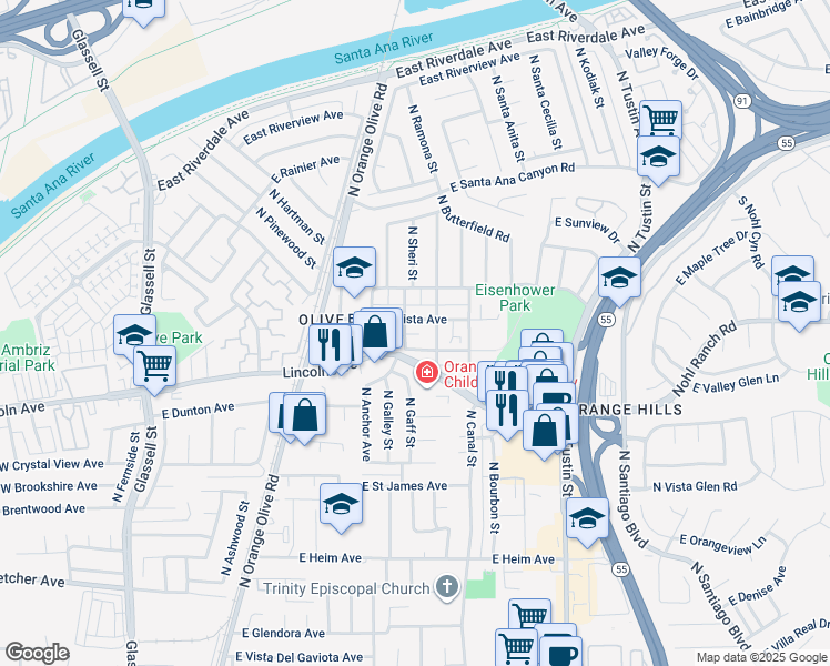 map of restaurants, bars, coffee shops, grocery stores, and more near 16661 Orange Avenue in Orange