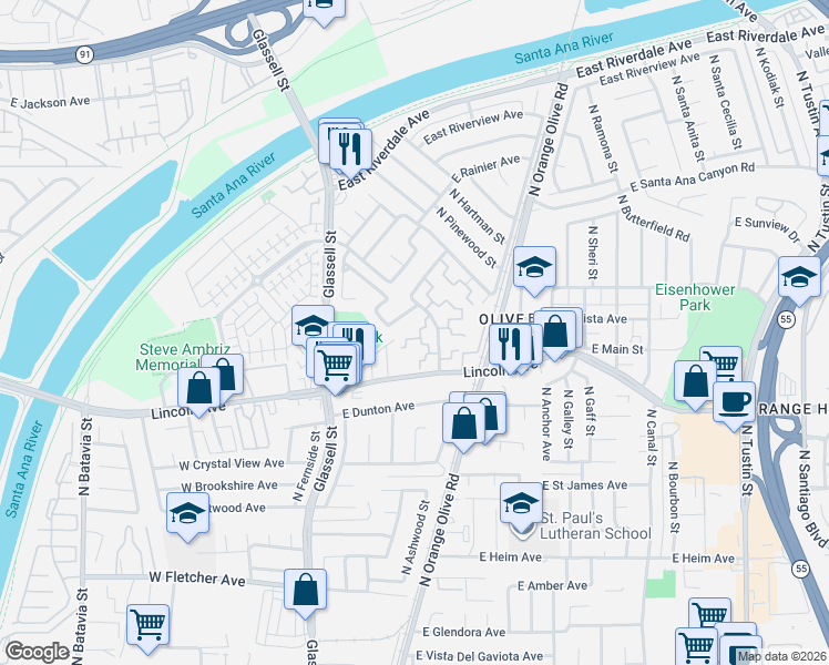 map of restaurants, bars, coffee shops, grocery stores, and more near 2870 North Cottonwood Street in Orange
