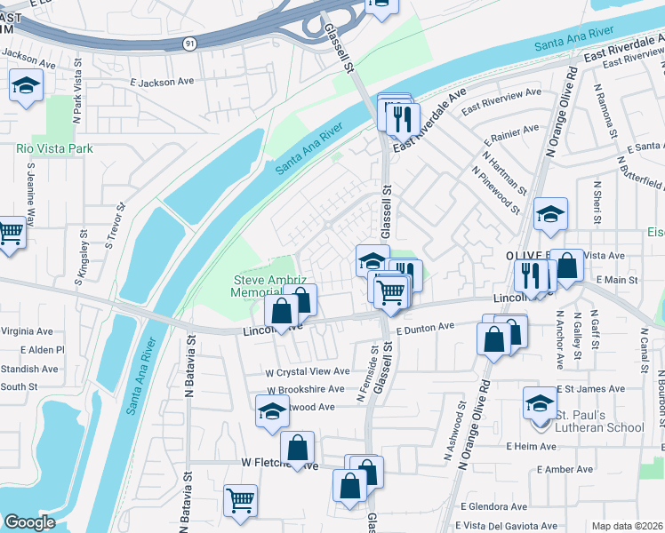 map of restaurants, bars, coffee shops, grocery stores, and more near 447 West Linden Drive in Orange