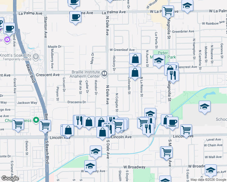 map of restaurants, bars, coffee shops, grocery stores, and more near 2778 Cornell Place in Anaheim