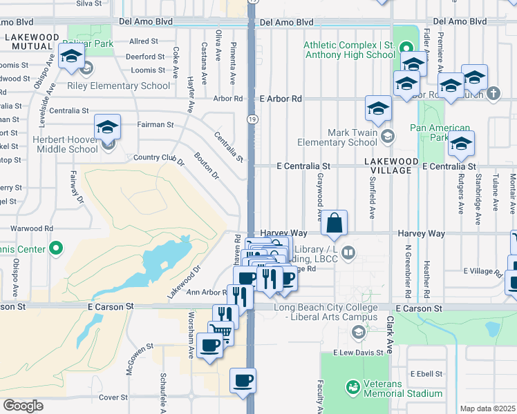 map of restaurants, bars, coffee shops, grocery stores, and more near 4325 Pepperwood Avenue in Long Beach