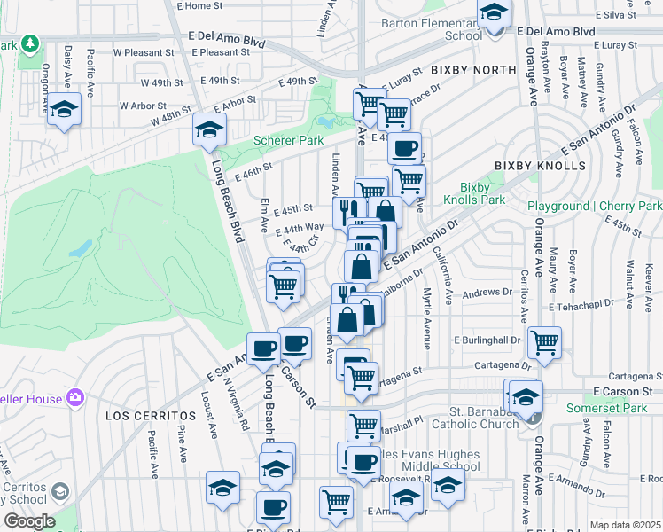 map of restaurants, bars, coffee shops, grocery stores, and more near 4416 Linden Avenue in Long Beach