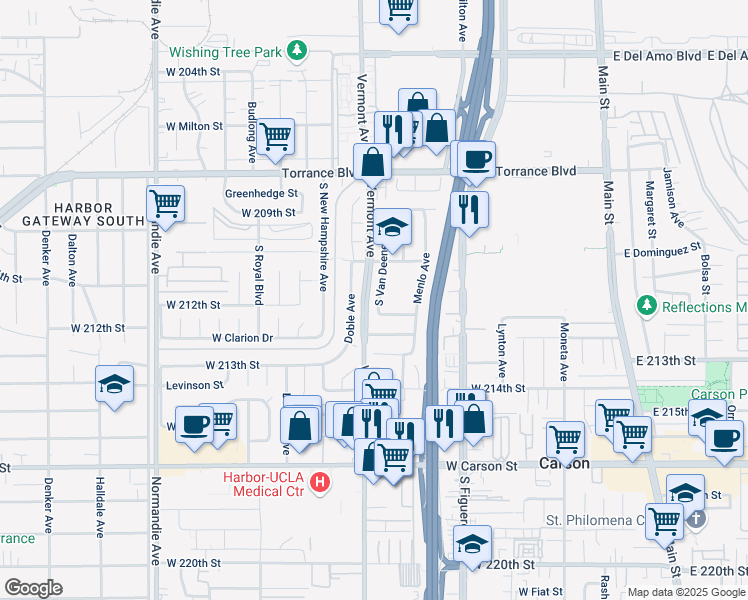 map of restaurants, bars, coffee shops, grocery stores, and more near 21133 South Van Deene Avenue in Torrance