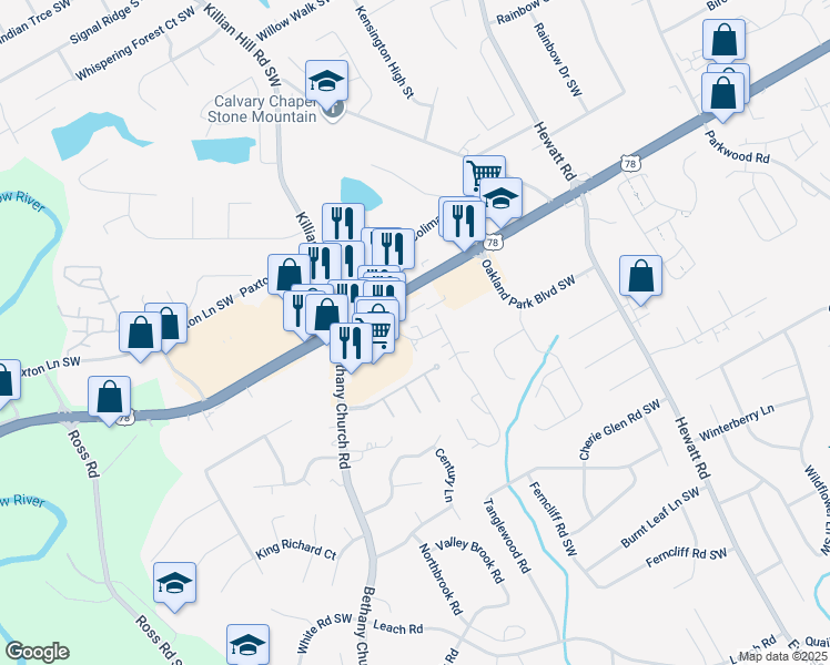 map of restaurants, bars, coffee shops, grocery stores, and more near 2191 Country Walk in Snellville