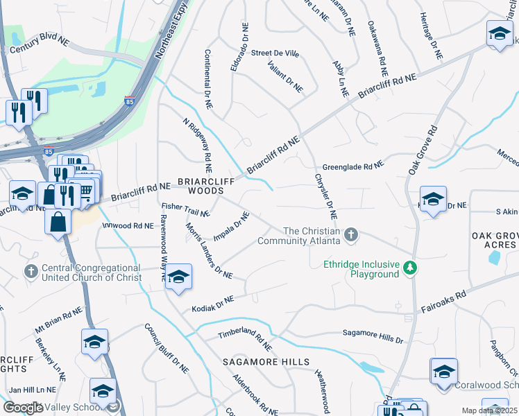 map of restaurants, bars, coffee shops, grocery stores, and more near 1864 Crestridge Place Northeast in Atlanta