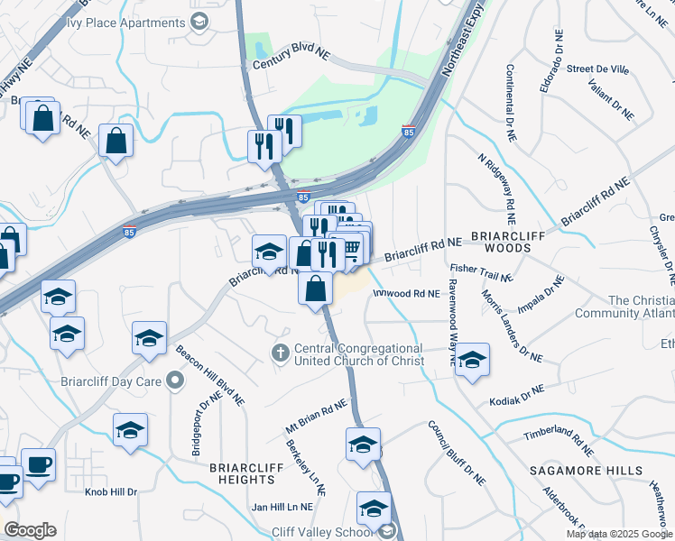 map of restaurants, bars, coffee shops, grocery stores, and more near 3109 Briarcliff Road Northeast in Atlanta