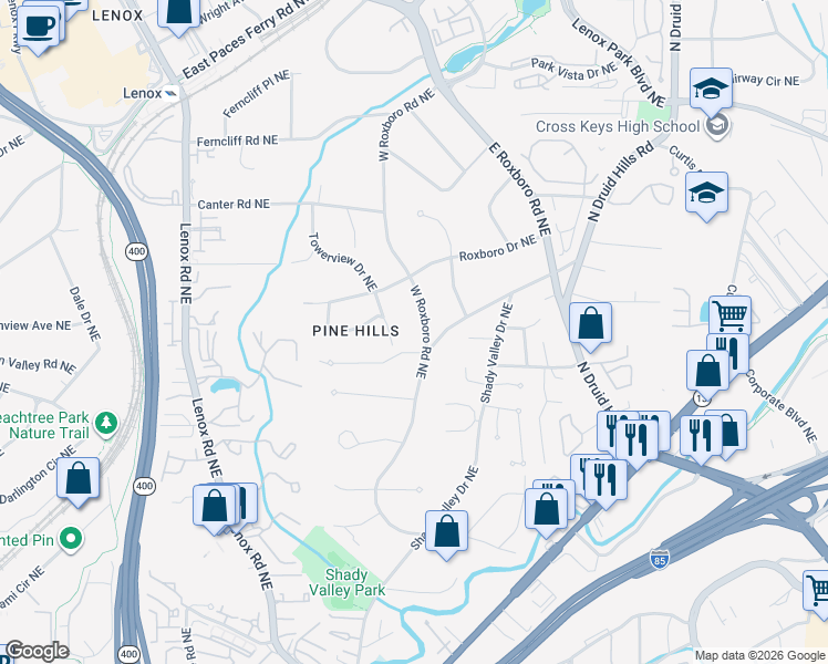 map of restaurants, bars, coffee shops, grocery stores, and more near 3026 West Roxboro Road Northeast in Atlanta