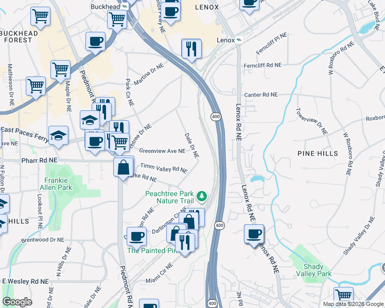map of restaurants, bars, coffee shops, grocery stores, and more near 3015 Dale Drive Northeast in Atlanta