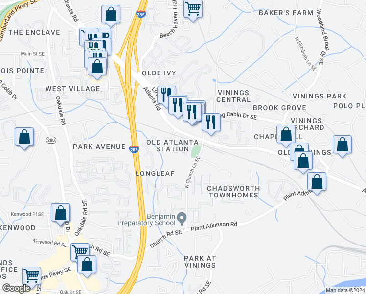 map of restaurants, bars, coffee shops, grocery stores, and more near 3959 Old Atlanta Station Court Southeast in Smyrna