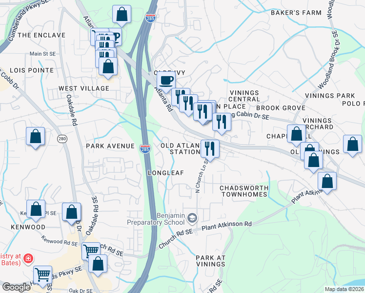 map of restaurants, bars, coffee shops, grocery stores, and more near 3959 Old Atlanta Station Court Southeast in Smyrna