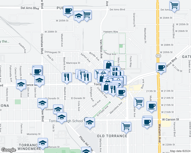 map of restaurants, bars, coffee shops, grocery stores, and more near 1021 Cravens Avenue in Torrance