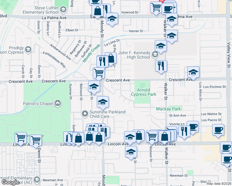 map of restaurants, bars, coffee shops, grocery stores, and more near 8616 Cornwall Circle in La Palma