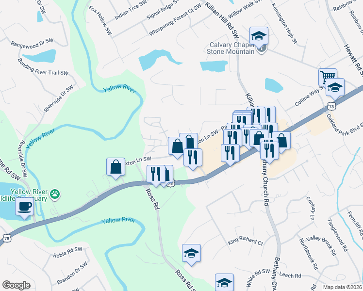 map of restaurants, bars, coffee shops, grocery stores, and more near 1991 Paxton Ridge Lane in Lilburn