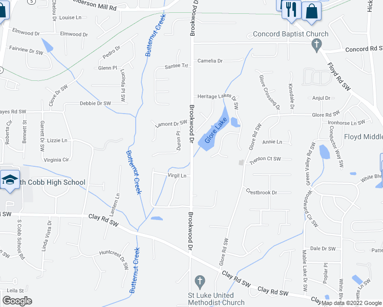 map of restaurants, bars, coffee shops, grocery stores, and more near Brookwood Drive in Mableton