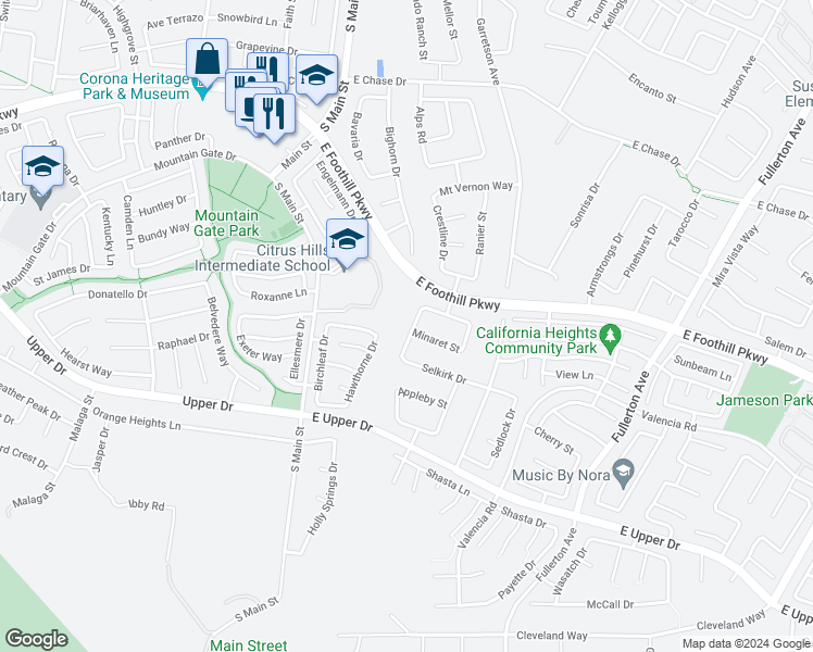 map of restaurants, bars, coffee shops, grocery stores, and more near 3384 Grand Teton Drive in Corona