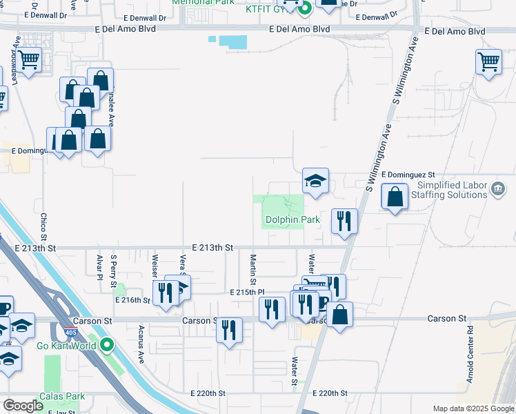 map of restaurants, bars, coffee shops, grocery stores, and more near 21132 Martin Street in Carson