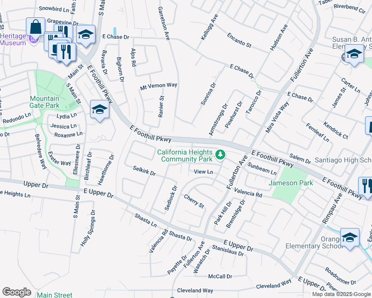 map of restaurants, bars, coffee shops, grocery stores, and more near 578 Pointe Vista Court in Corona