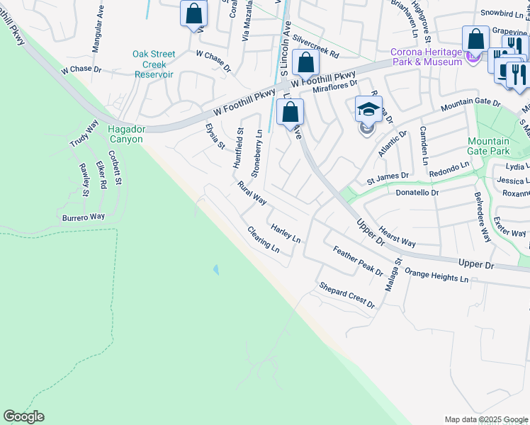 map of restaurants, bars, coffee shops, grocery stores, and more near 1263 Strawcross Lane in Corona