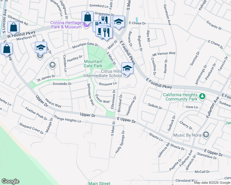 map of restaurants, bars, coffee shops, grocery stores, and more near 3417 Ellesmere Drive in Corona
