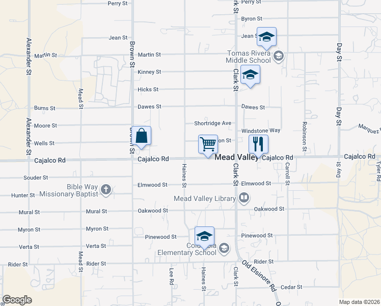 map of restaurants, bars, coffee shops, grocery stores, and more near 21321 Cajalco Road in Perris
