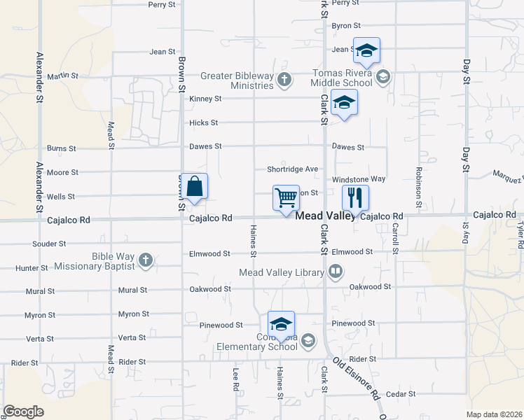 map of restaurants, bars, coffee shops, grocery stores, and more near 21274 Cajalco Road in Perris