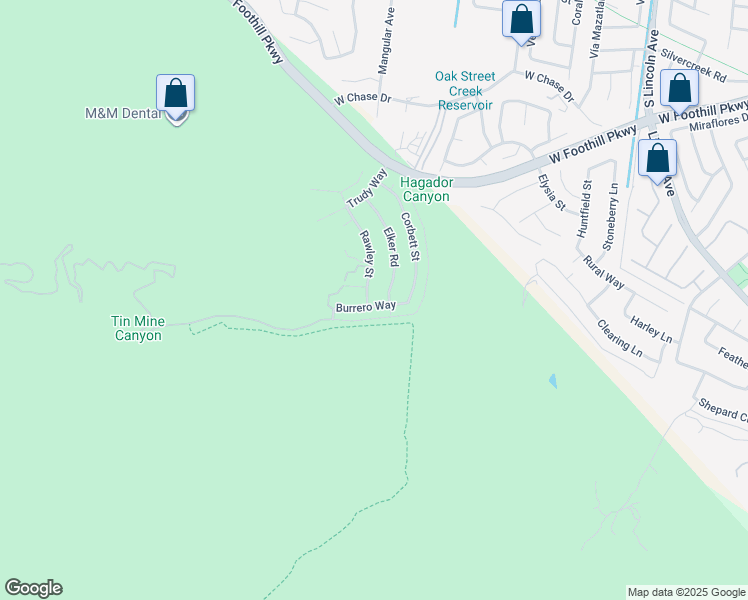 map of restaurants, bars, coffee shops, grocery stores, and more near 3645 Rawley Street in Corona