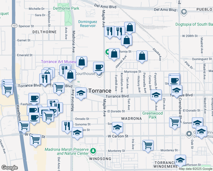 map of restaurants, bars, coffee shops, grocery stores, and more near 1014 Maple Avenue in Torrance