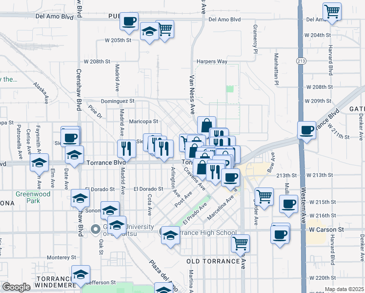 map of restaurants, bars, coffee shops, grocery stores, and more near 1021 Cravens Avenue in Torrance