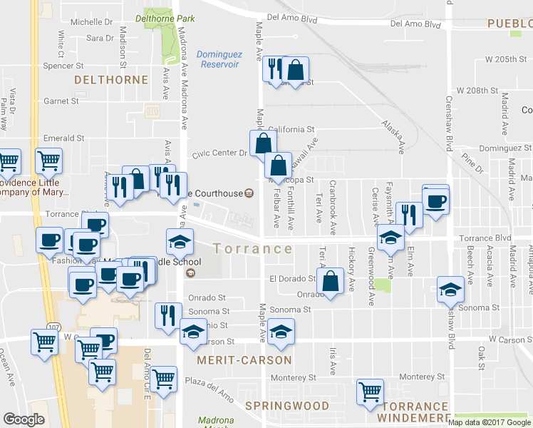 map of restaurants, bars, coffee shops, grocery stores, and more near 1014 Maple Avenue in Torrance