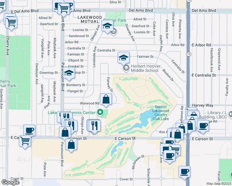map of restaurants, bars, coffee shops, grocery stores, and more near 4318 Fairway Drive in Lakewood