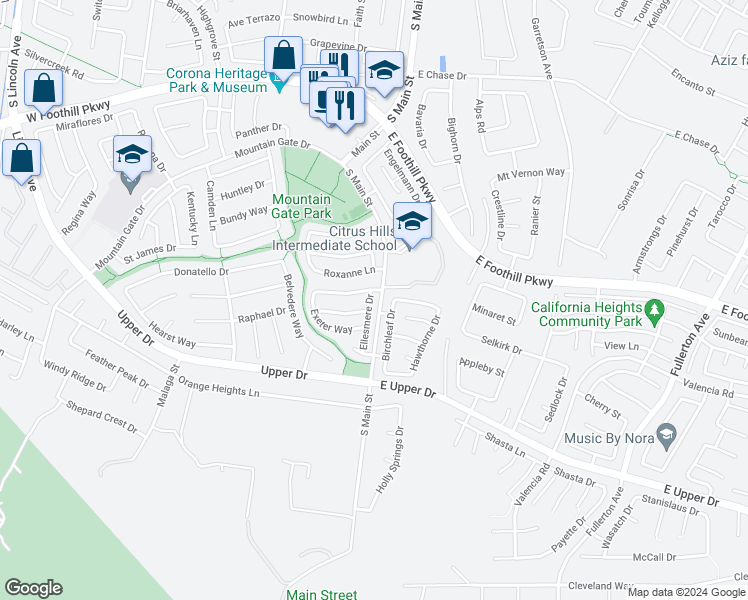 map of restaurants, bars, coffee shops, grocery stores, and more near 3417 Ellesmere Drive in Corona