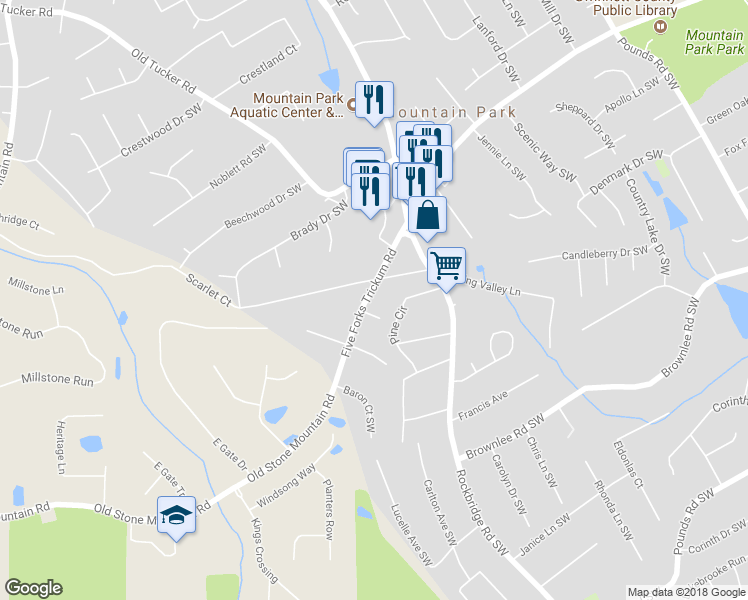 map of restaurants, bars, coffee shops, grocery stores, and more near 5508 Five Forks Trickum Road in Stone Mountain