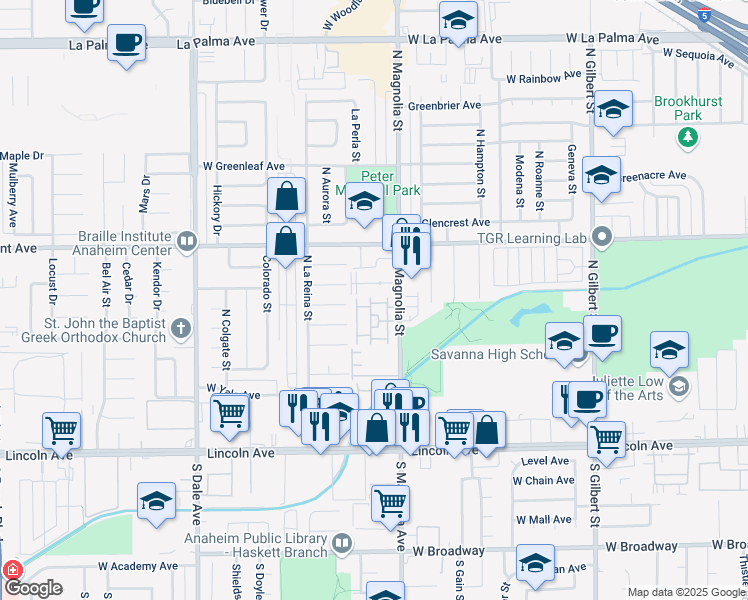 map of restaurants, bars, coffee shops, grocery stores, and more near 2796 West Madison Circle in Anaheim