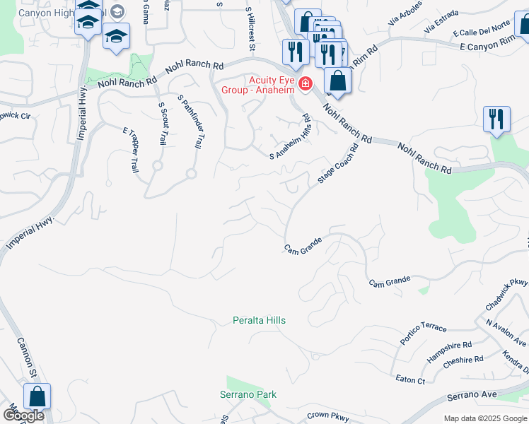 map of restaurants, bars, coffee shops, grocery stores, and more near 6041 East Queens Drive in Anaheim