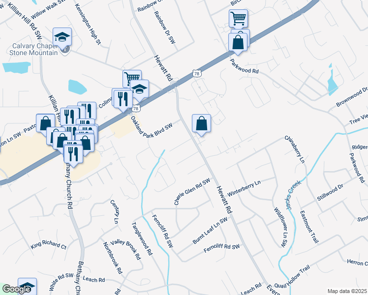 map of restaurants, bars, coffee shops, grocery stores, and more near 3774 Eli Drive Southwest in Snellville