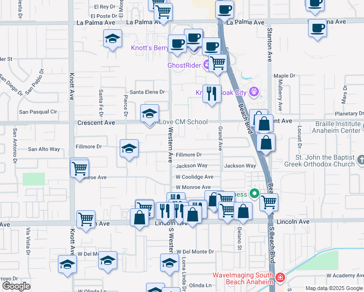 map of restaurants, bars, coffee shops, grocery stores, and more near 8602 Western Avenue in Buena Park
