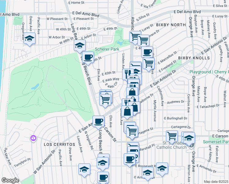 map of restaurants, bars, coffee shops, grocery stores, and more near 427 East Freeland Street in Long Beach