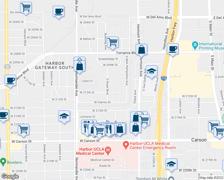 map of restaurants, bars, coffee shops, grocery stores, and more near 21141 Berendo Avenue in Torrance