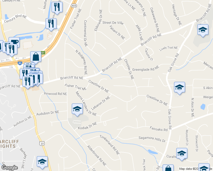 map of restaurants, bars, coffee shops, grocery stores, and more near 1864 Crestridge Place Northeast in Atlanta