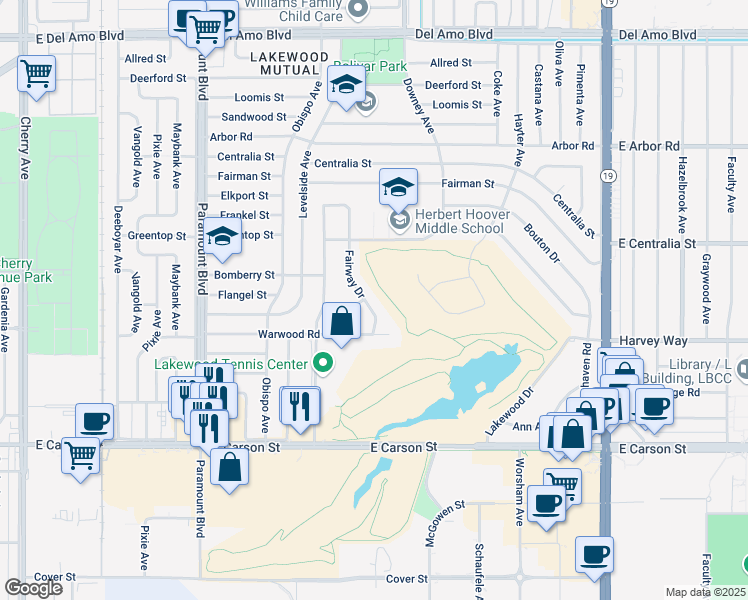 map of restaurants, bars, coffee shops, grocery stores, and more near 4338 Fairway Drive in Lakewood