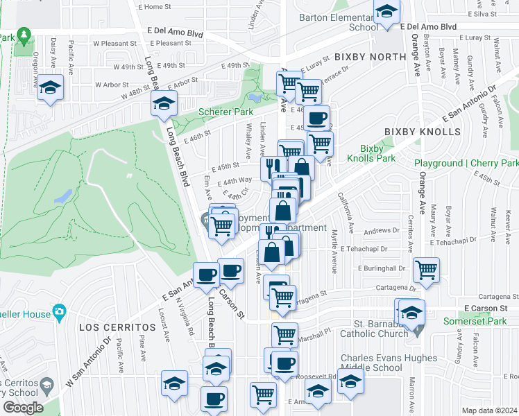 map of restaurants, bars, coffee shops, grocery stores, and more near 4434 Linden Avenue in Long Beach