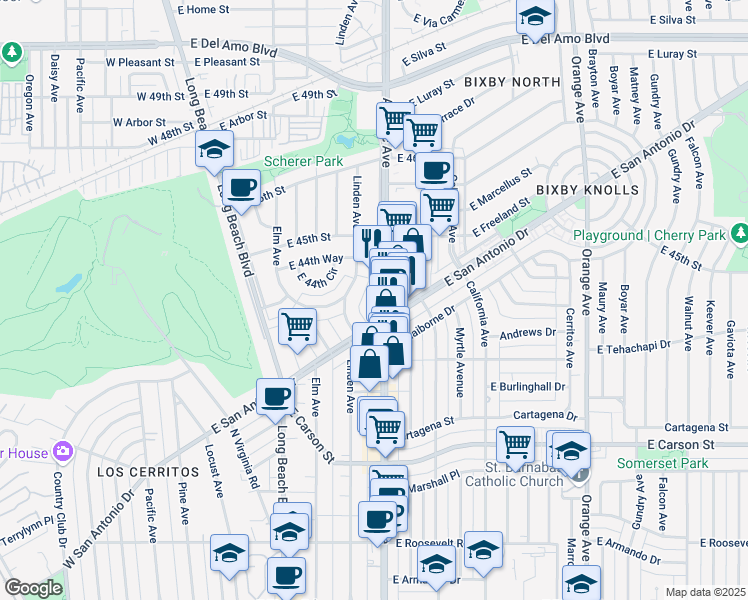 map of restaurants, bars, coffee shops, grocery stores, and more near 4401 Atlantic Avenue in Long Beach