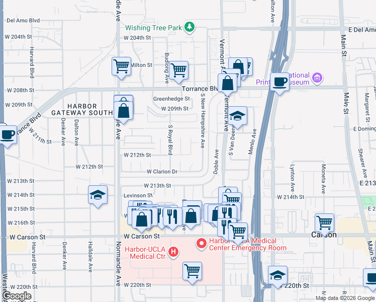 map of restaurants, bars, coffee shops, grocery stores, and more near 21141 Broadwell Avenue in Torrance