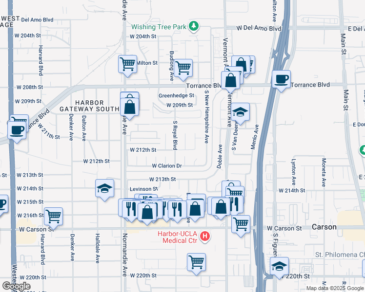 map of restaurants, bars, coffee shops, grocery stores, and more near 21141 Berendo Avenue in Torrance