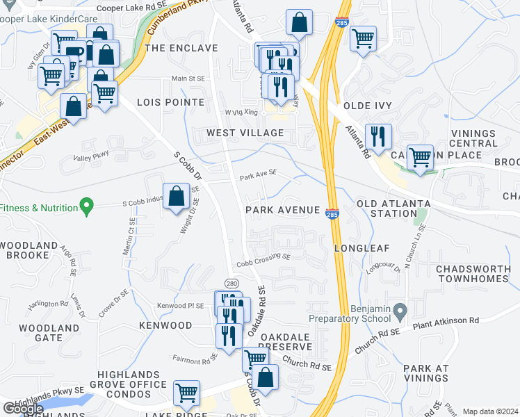 map of restaurants, bars, coffee shops, grocery stores, and more near 4703 Cheviot Way in Smyrna