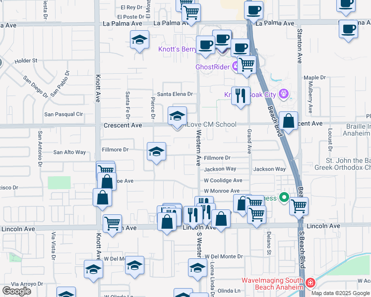 map of restaurants, bars, coffee shops, grocery stores, and more near 7410 Royal Street in Buena Park