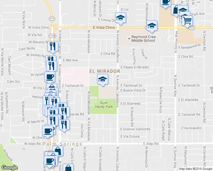 map of restaurants, bars, coffee shops, grocery stores, and more near 799 East Tachevah Drive in Palm Springs
