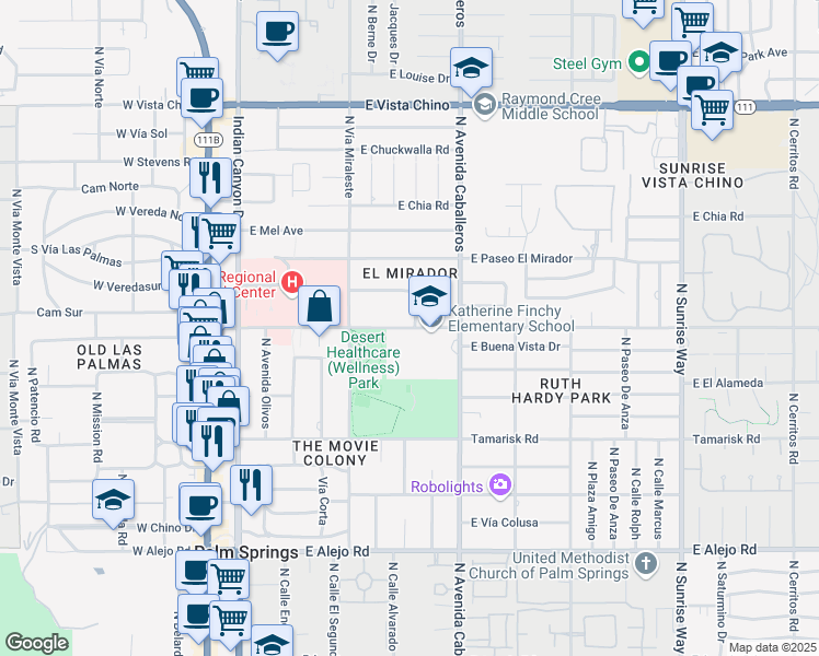 map of restaurants, bars, coffee shops, grocery stores, and more near 777 East Tachevah Drive in Palm Springs