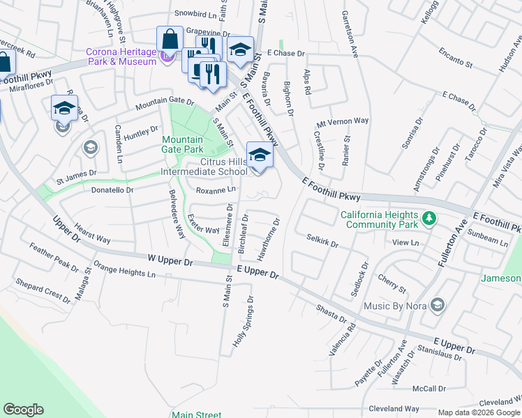 map of restaurants, bars, coffee shops, grocery stores, and more near 3429 Birchleaf Drive in Corona